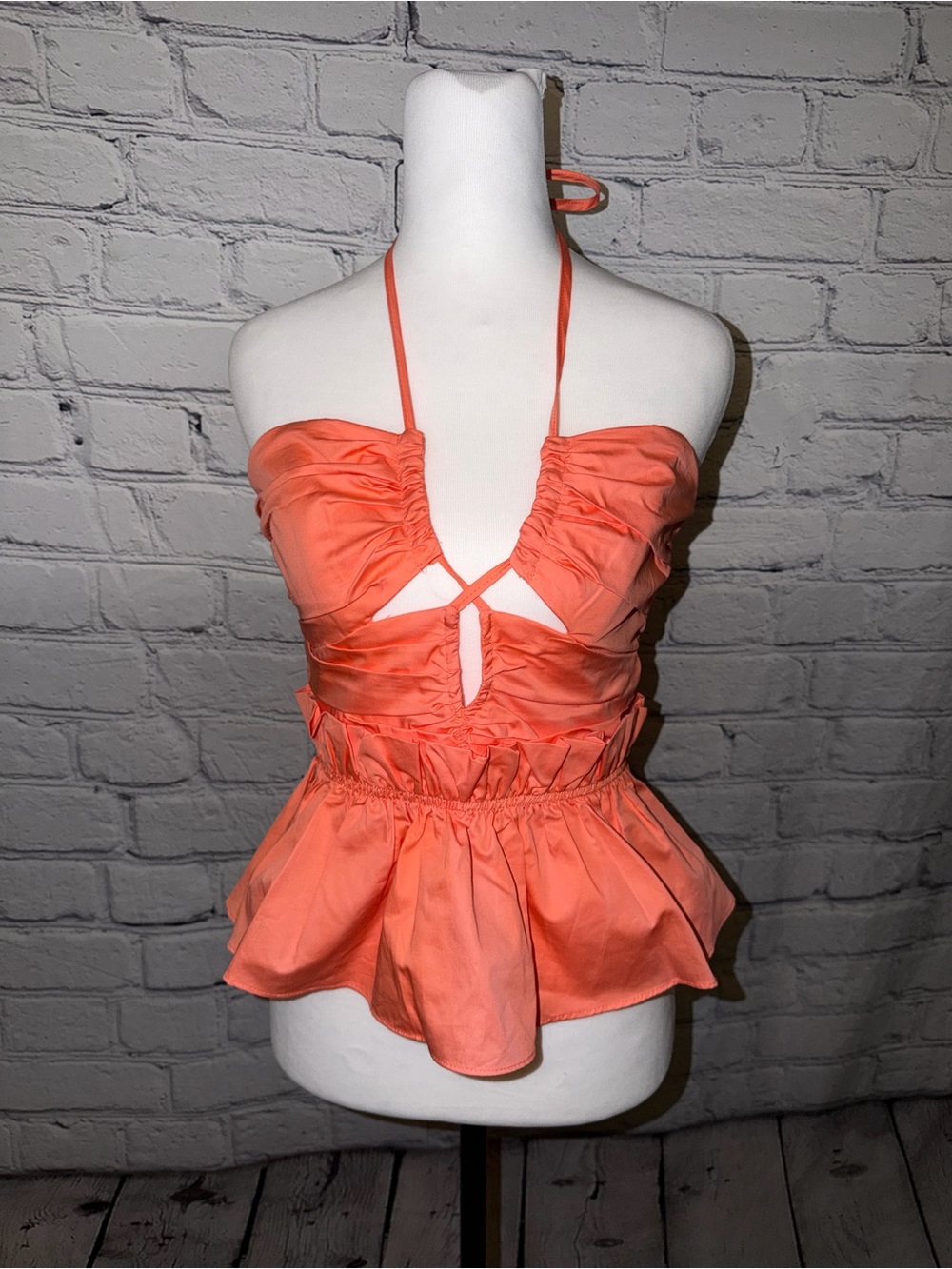 🧡 Kasia Coral Ruched Cutout Peplum Halter Top — Size XS